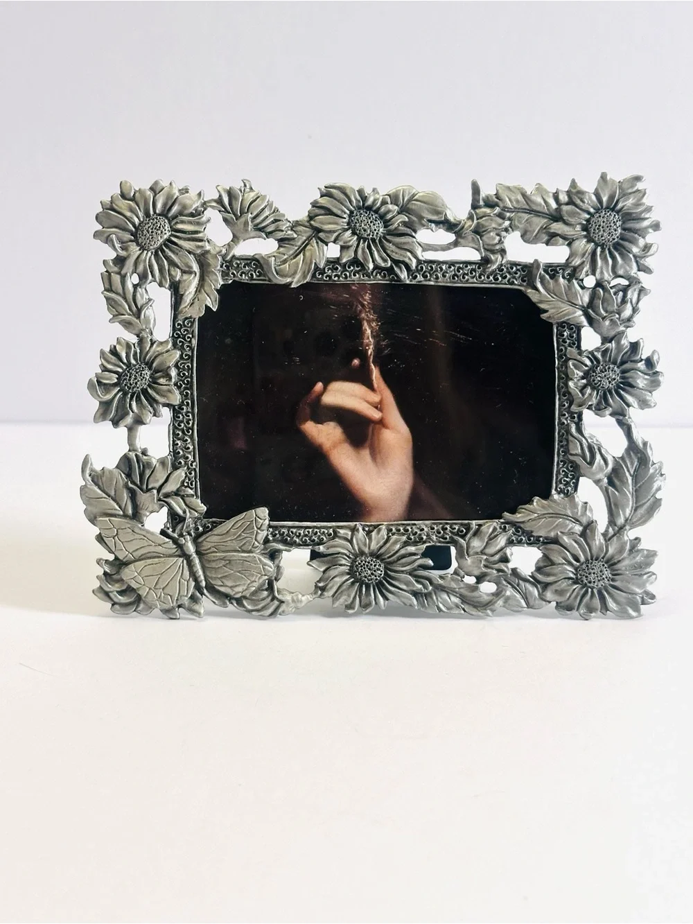 1980s Moon Garden Butterfly — Vintage Pewter Botanical Frame5x3.5” Heavy Ornate